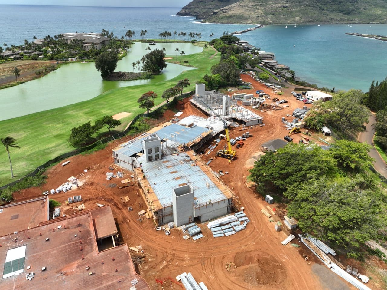 Aerial view of a tropical hotel under construction